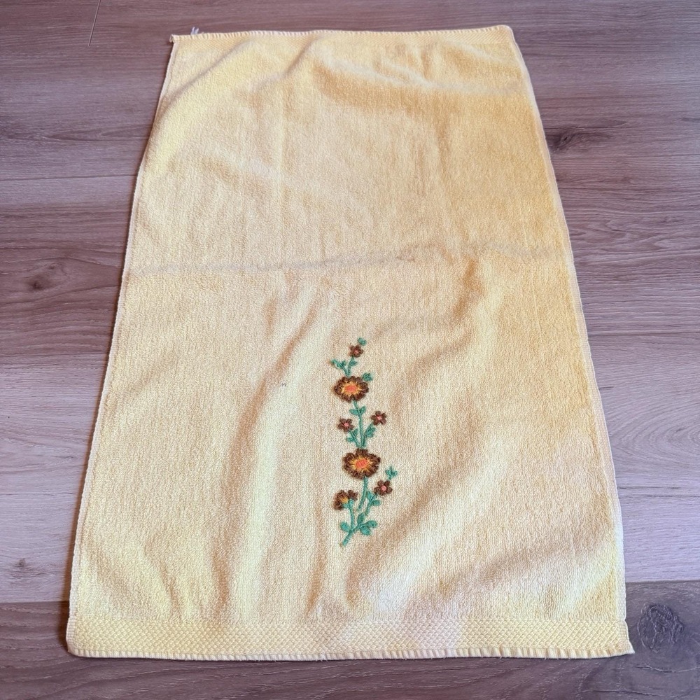 Yellow Vintage Handtowel Embroidered Flowers Cotton